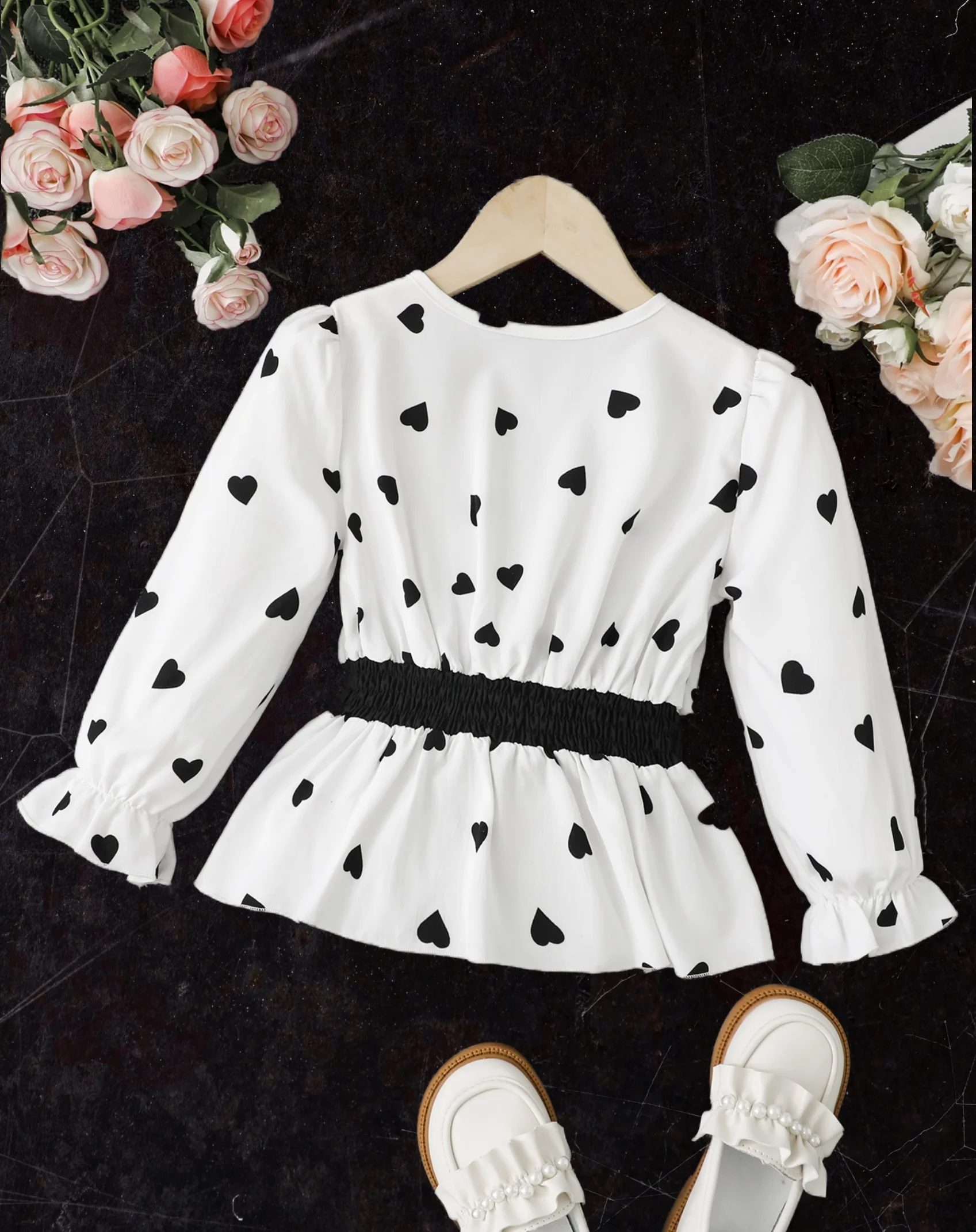 Girls Fashion Heart Shaped Polka Dot Girls (Small) Shirt - Cross V-neck Design, Ruffled Shirt Hood