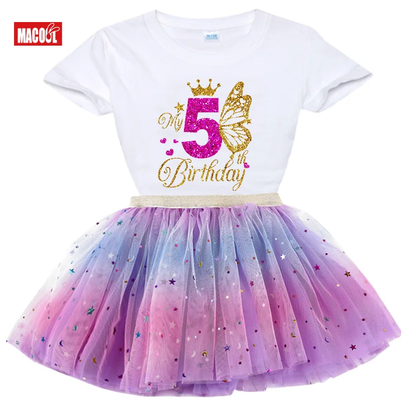 Menina camisa de aniversário borboleta meninas roupas tutu conjunto festa de aniversário camisa meninas crianças vestido terno 5th 6th 7th 4th 3 anos de idade terno