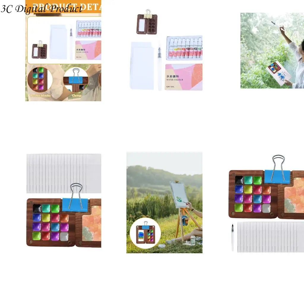 

Portable Watercolor Palettes Set with Watercolor Paper, Paint, Water Brush Pen, Watercolor Palettes Box with Clip Q84A