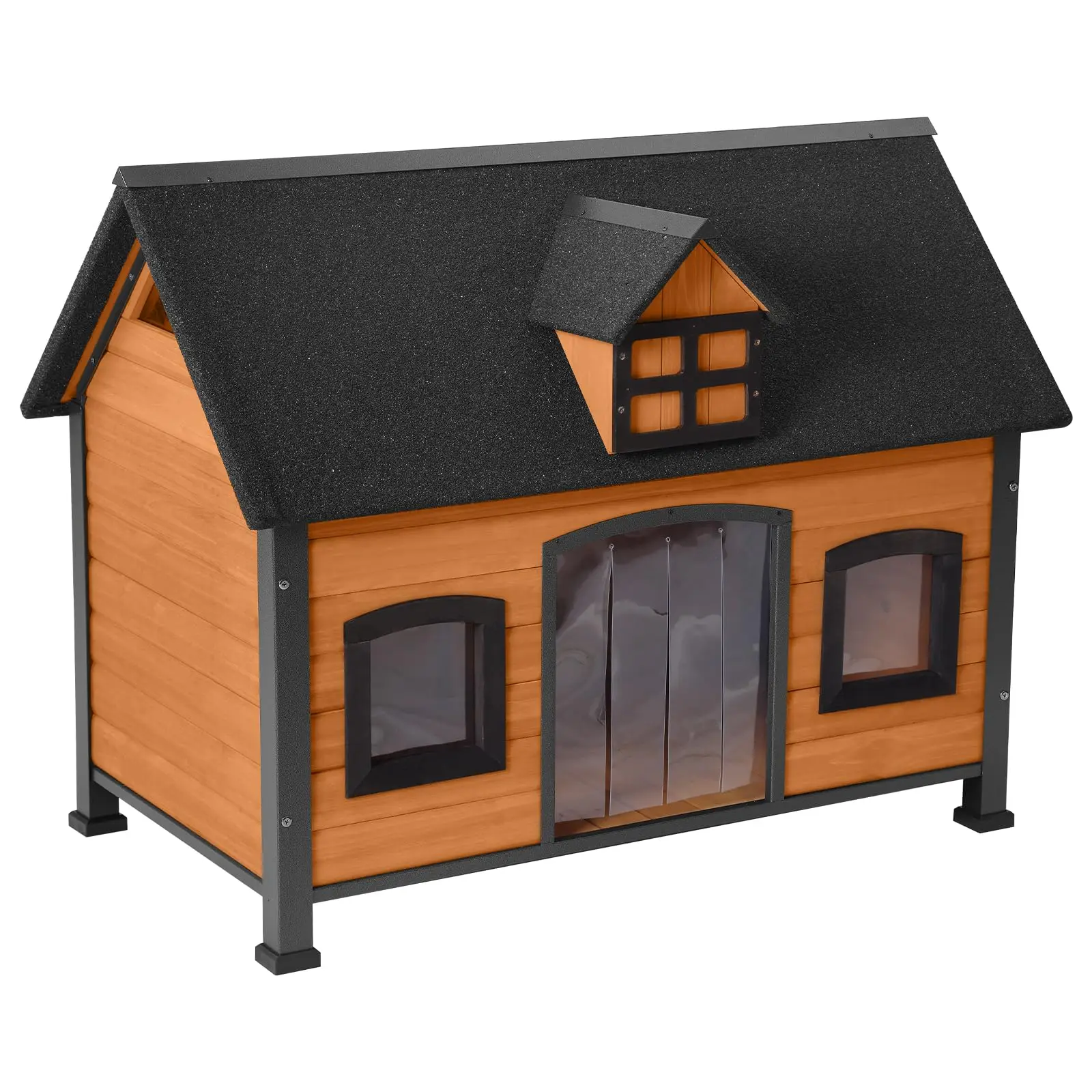 Large Dog House Anti-Chewing Metal Frame Design Insulated Wooden Dog Kennel with Unique Design Roof, Weatherproof Dog