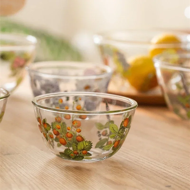 French Style Vintage Flower Glass Bowl Home Kitchen Tableware Fruit Salad Ramen Bowl Thickened Exquisite Lemon Breakfast Bowl