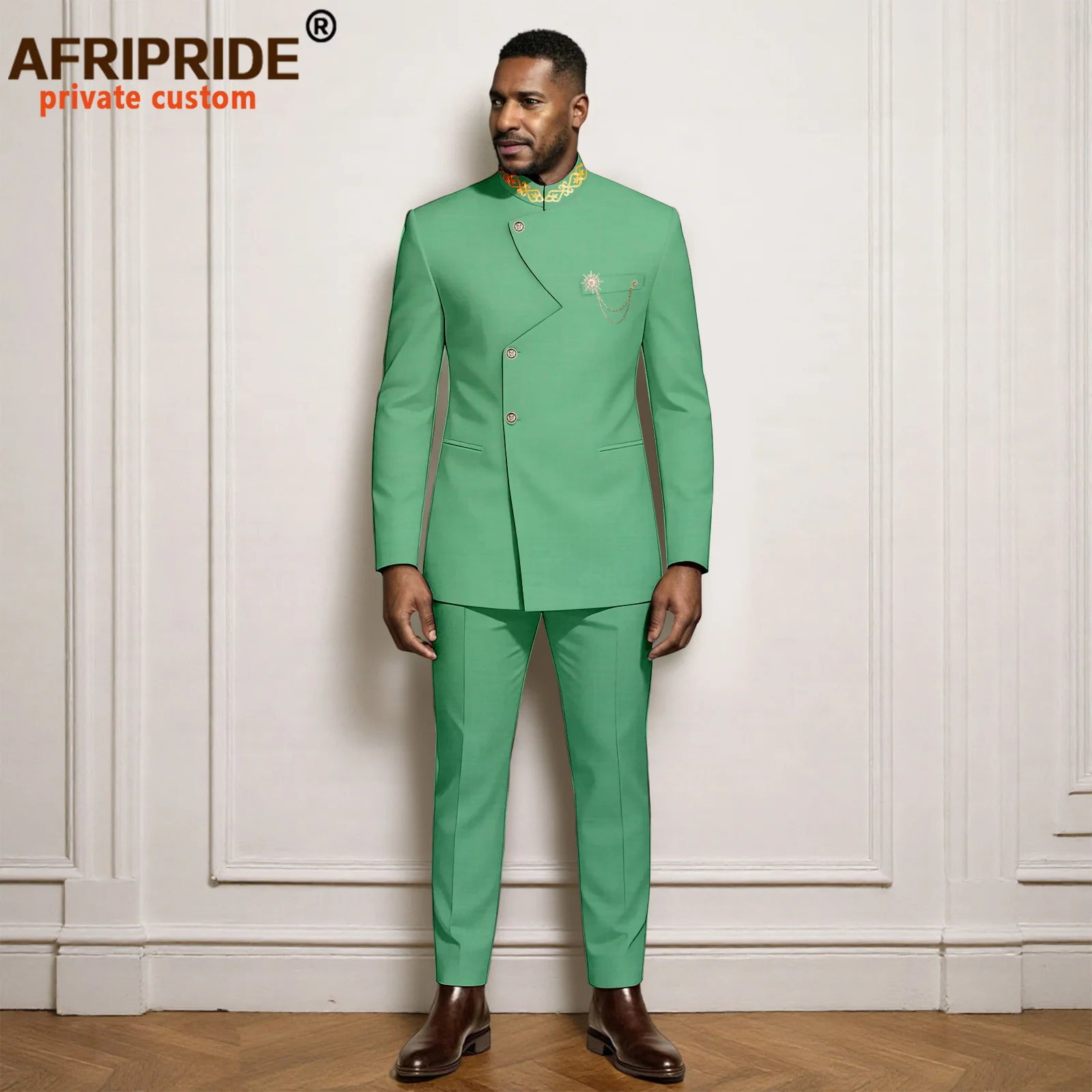 Men`s Business Suits Brooch Single Breasted Embroidery Blazer and Pants 2 Piece Set African Clothes Bazin Riche Attire 2616019