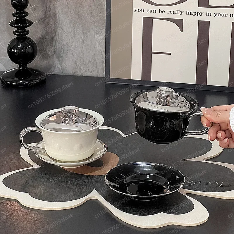 طقم أكواب وصحن بغطاء للمقهى، كوب قهوة عالي القيمة مطلي بالكهرباء، كوب سيراميك بتصميم مطعم الفندق