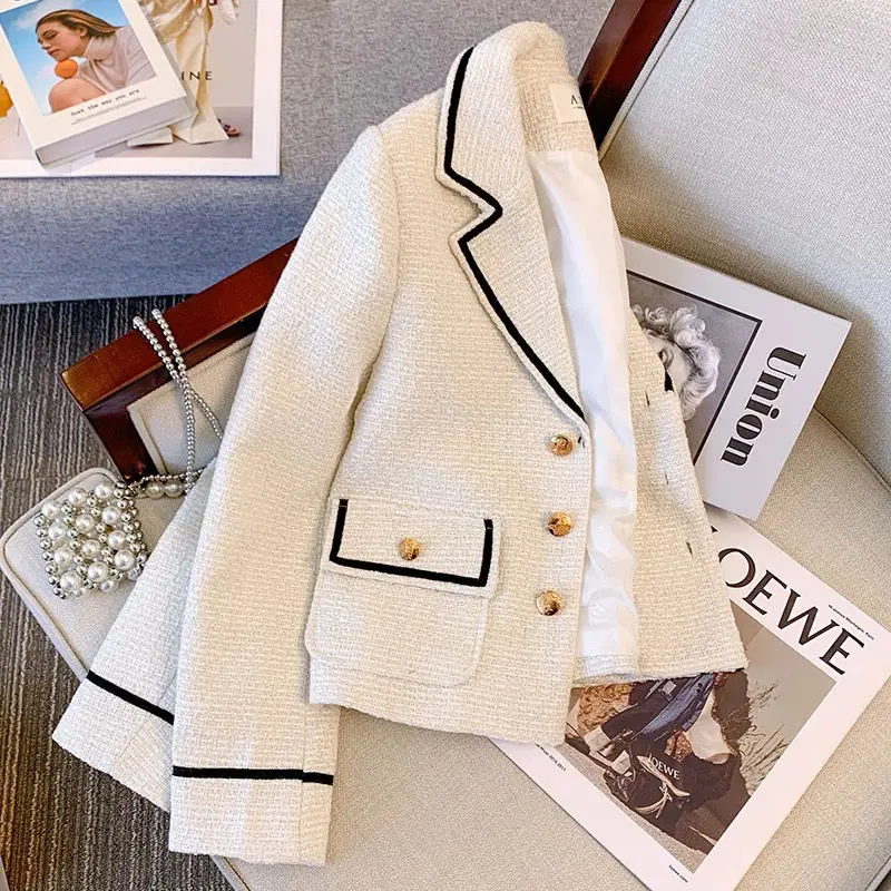 Women\'s Small Fragrance Style Short Coarse Woolen Blazer Retro Casual Contrasting Color Hook Edge Woolen Suit Collar Jacket Coat