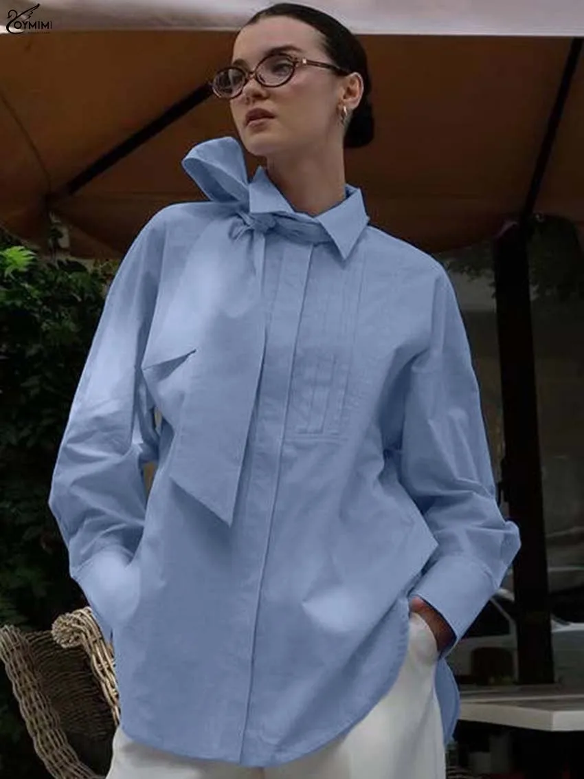 Oymimi Fashion Niebieskie Bawełniane Bluzki Damskie Eleganckie Bluzki z Kołnierzykiem i Wiązaniem Casualowe Bluzki Wiązane Zapinane na Guziki Koszule Damskie