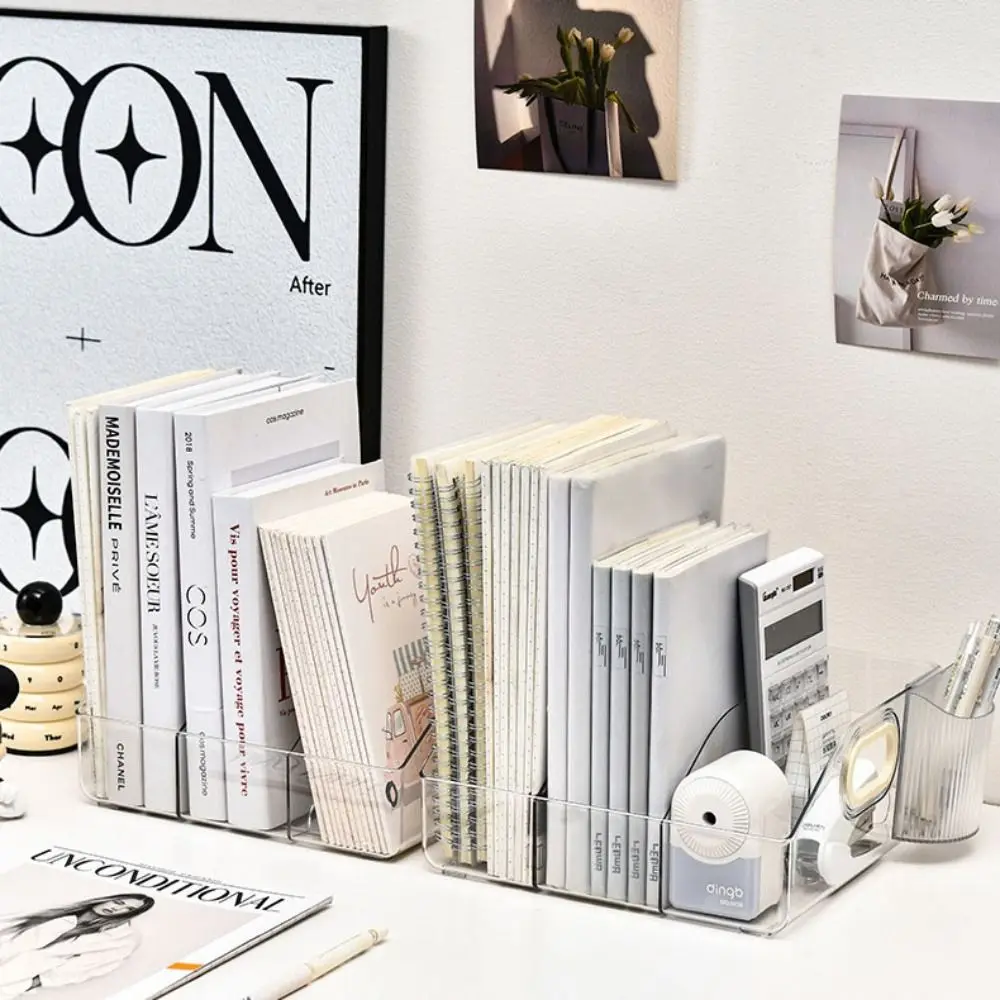 Desktop Organizer Portable Handle Bookends Save Space Display Divider Book Stand Clear PET Stationery Storage Box Student
