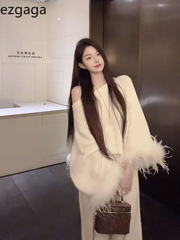 

Ezgaga Knitted Sweater Women Slash Neck Off Shoulder Furry Patchwork Solid Elegant Office Lady Pullober Sweet Fashion Jumper