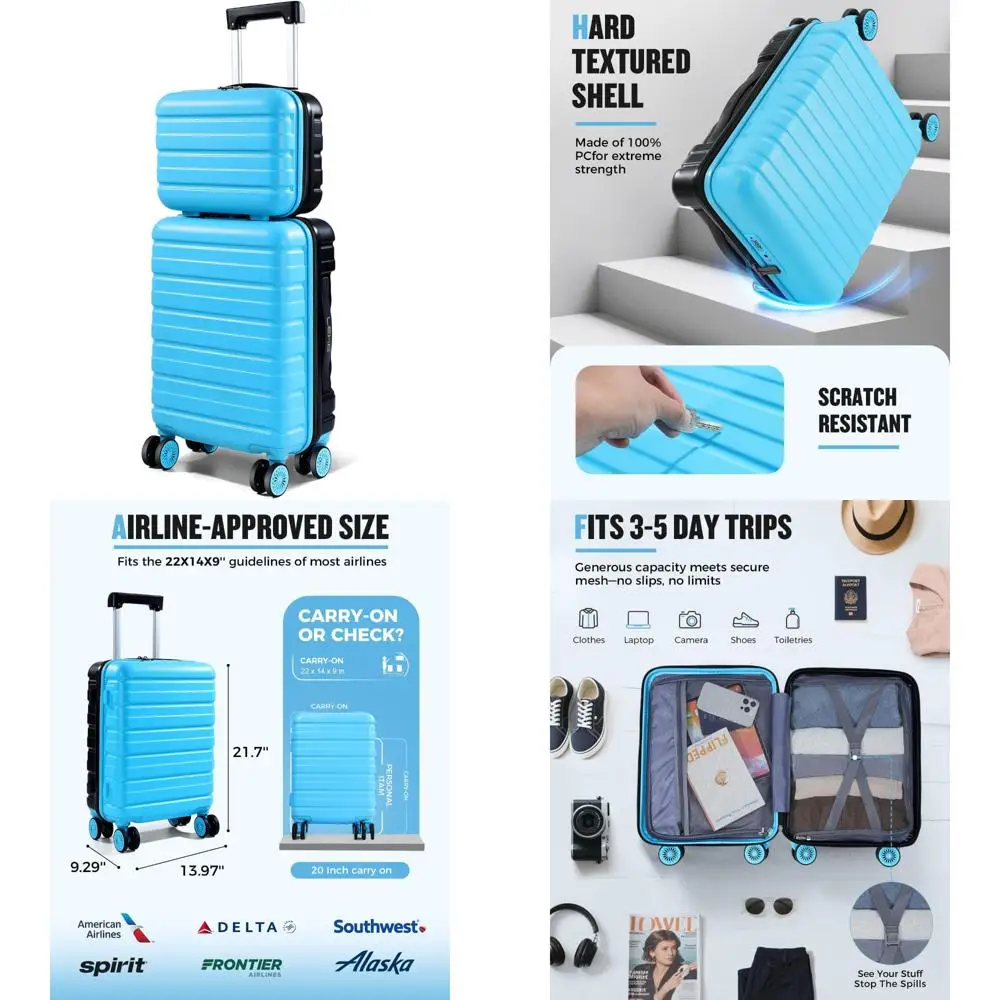 

20 Inch Airline Approved Hard Shell Carry-On Luggage Set with Wheels, 22x14x9 Dimensions, Includes Cosmetic Case, Travel Suitcas