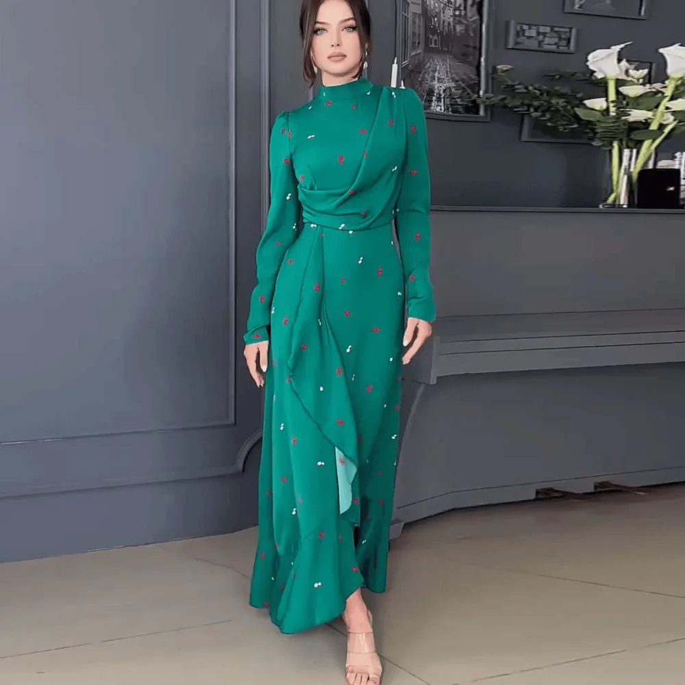 

Women's Elegant Dresses Arab Women's 2024 Spring New Fashionable Temperament Solid Long Sleeved Ruffle Edge Dress Long Skirt