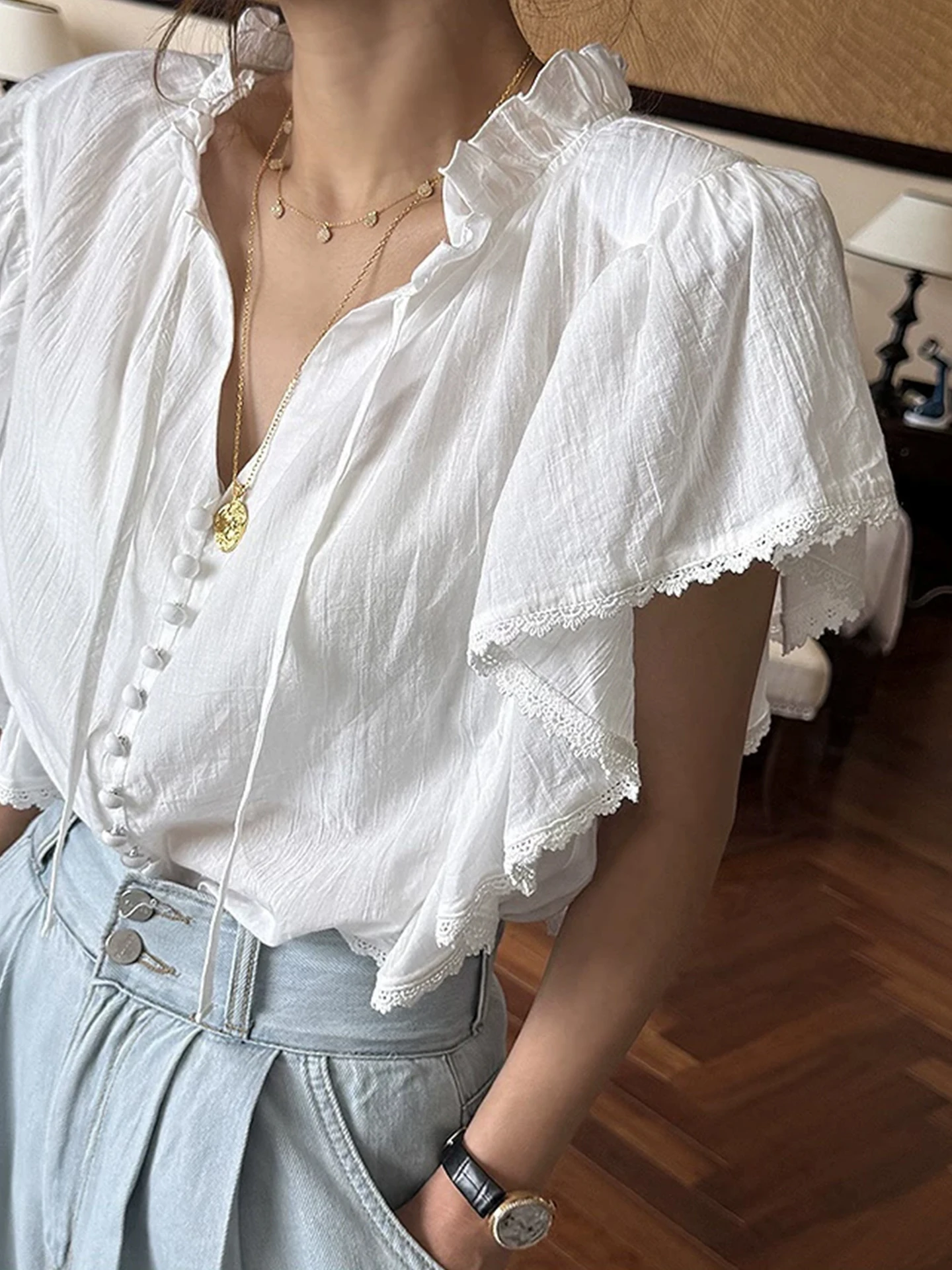 

Design Sense Ruffle Sleeve Lace Thin V-neck Women's Shirt Summer New Style Tie Flower Breathable Cotton Polyester Blend