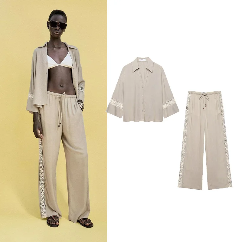 

TRAF Women Embroidered Pants Set V Neck Shirt Wide Leg High Waist Trousers With Side Stripes Drawstring Women Outfit