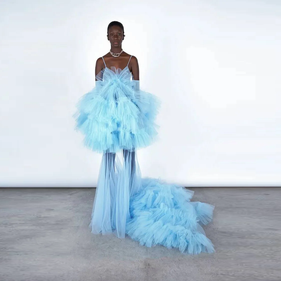 

Baby Blue Maxi Dress Women Spaghetti Transparent Tulle Prom Gowns Sheer Custom Made Ruffled Party Dresses Layered A Line Long