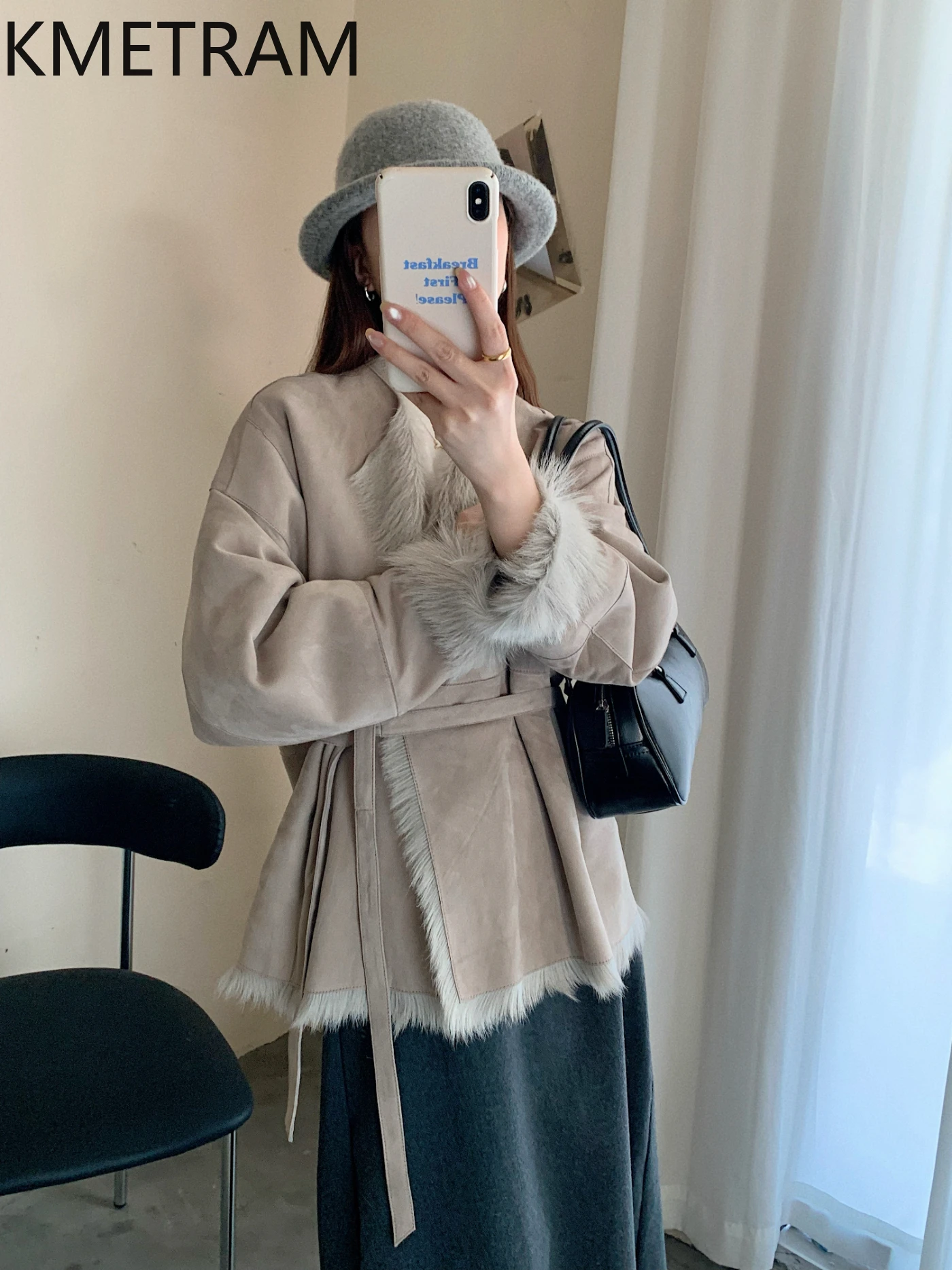 KMETRAM 100% Natural Goat Sheepskin with Wool Atttached Fur Coat Lacing Casual Medium Clothes for Woman 2025 Winter fourrures