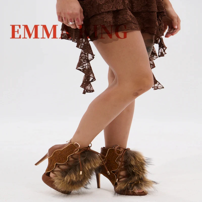 المفتوحة تو Strappy الفراء المرأة الصنادل التطريز تصميم عودة البريدي صنادل عالية الكعب الصيف موضة الكاحل عالية رمح المدرج الصنادل