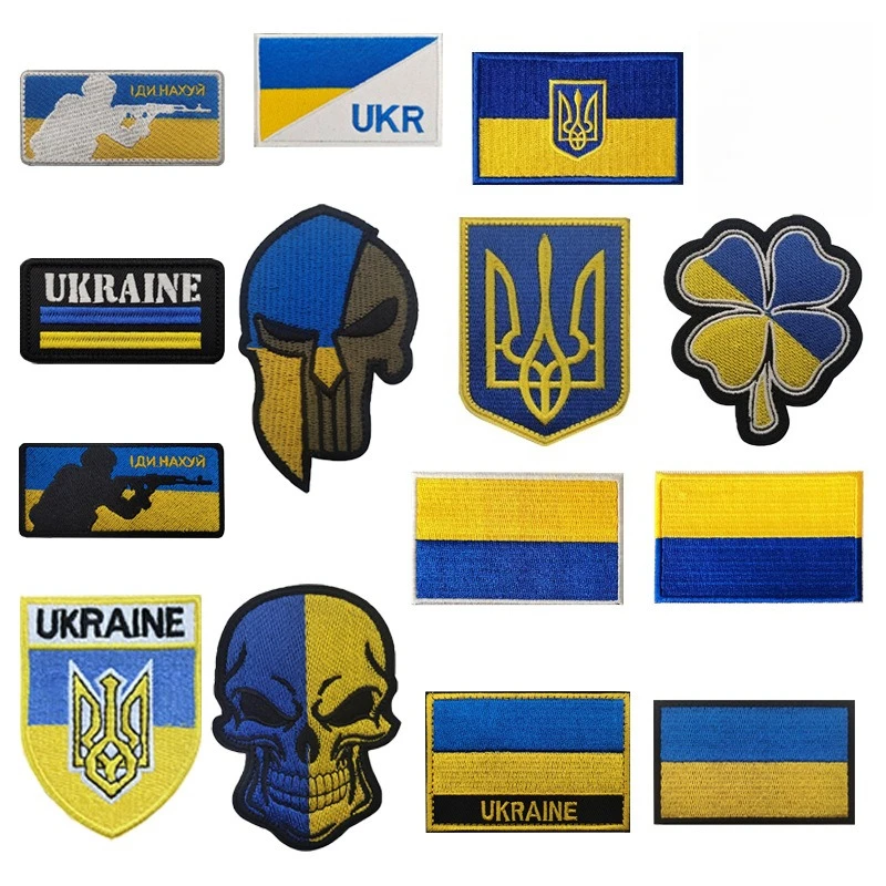 Ukraine Flag Embroidered Tactical Patches UKR Colored Skull Morale Badge National Emblem Shield Hook Backing with Loop Piece