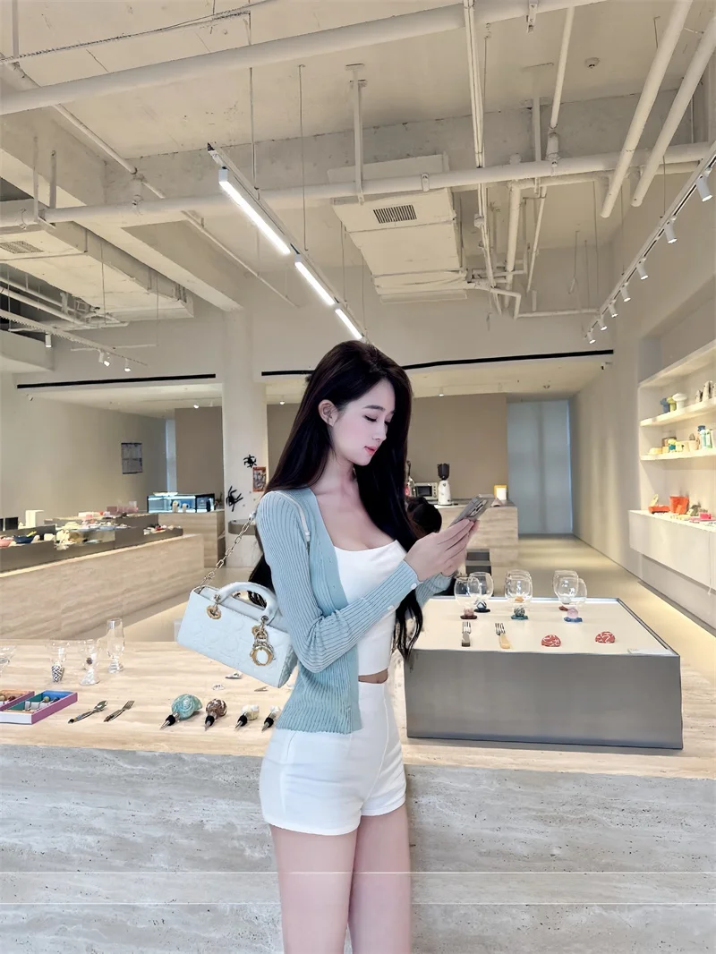 Korean Sweet Spicy Mint Color Knitted Open Cardigan Women Gentle Aosphere Basic Slim Long Sve Cover up Top