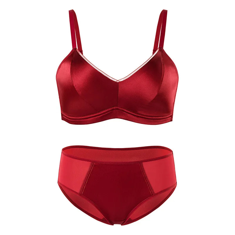 Women's Fashion Sexy Underwear Set Big Red Back Three Row Buckle Thin Fixed Shoulder Strap Natural Mulberry Silk Bra