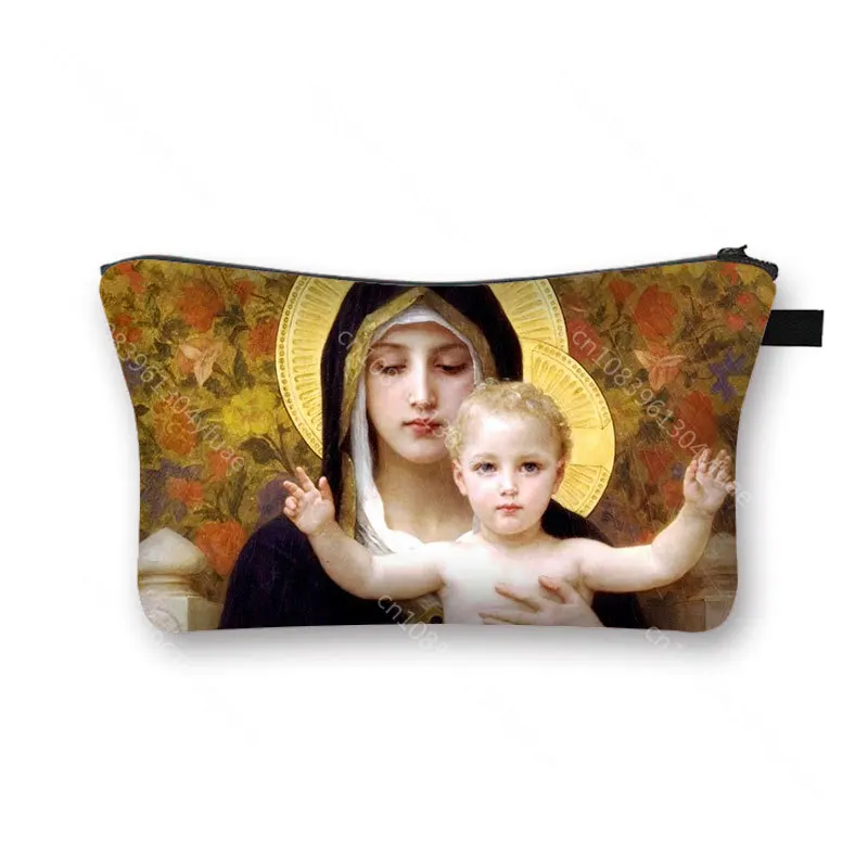 Vintage Oil Painting Religion Jesus Makeup Bag Women's Virgin Mary Canvas Travel Portable Makeup Bag Women's Makeup Bag