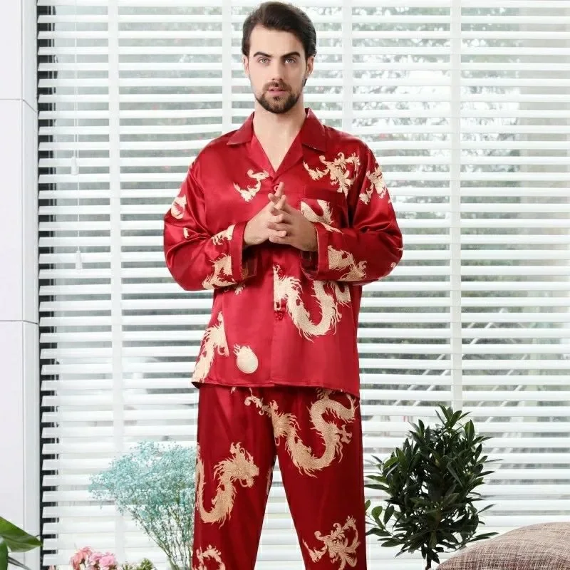 2024 New Couple Pajamas Long Sleeve Sleepwear Set Men's and Women's V-neck Loungewear Silk Printed Loose Thin Homewear