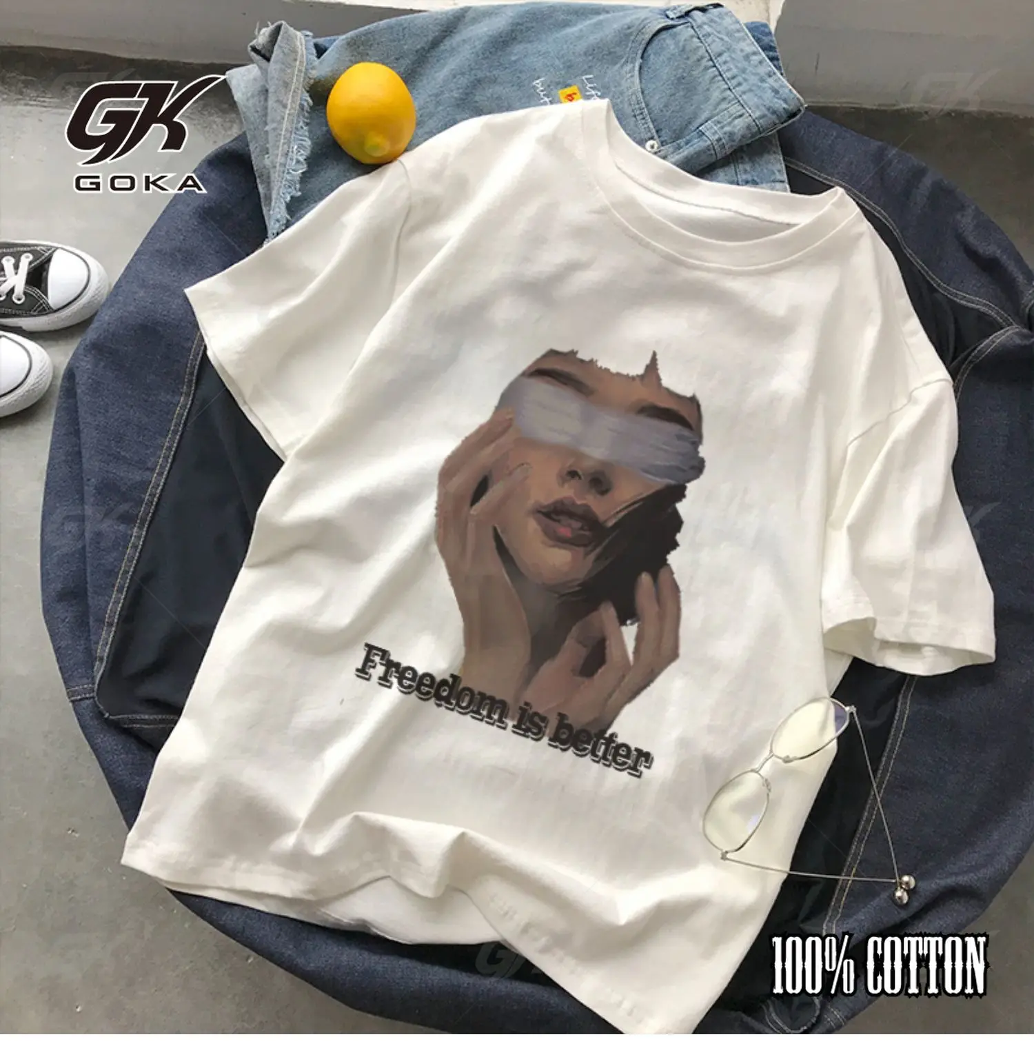 2024 New Blindfolded Woman Print T-Shirt Men's 100% Cotton Retro High Quality Fashion Spring Summer Top tee unisex