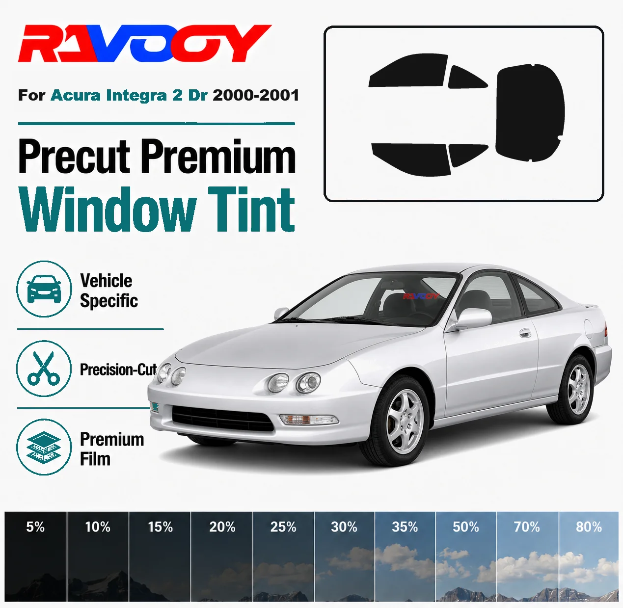 For Acura Integra 2 Dr 2000-2001 RAVOOY Pre-Cut Window Tint Film Vehicle-Specific Full Kit Front & Rear Windows Precision-Cut