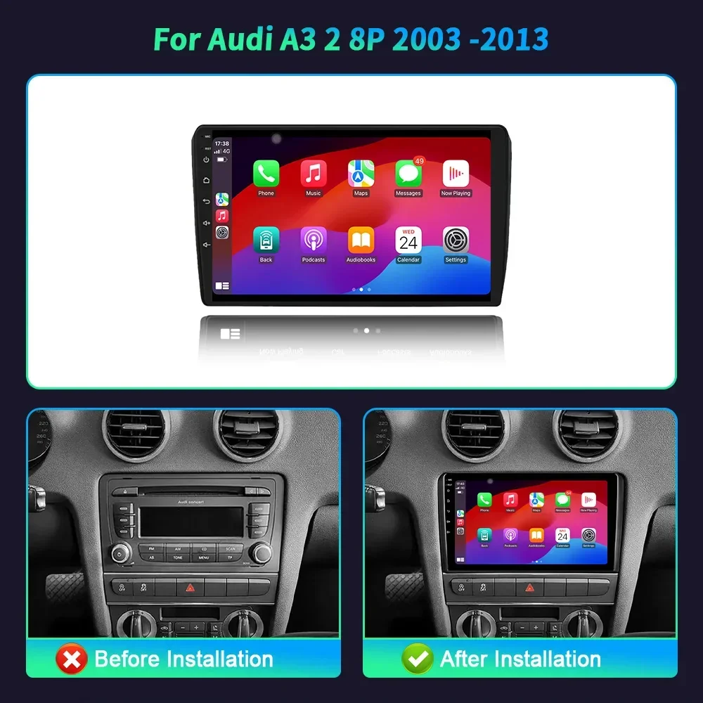 Android 14 For Audi A3 2 8P 2003-2013 Car Radio Multimedia Video Player Navigation GPS Wireless Bluetooth Carplay Touch Screen