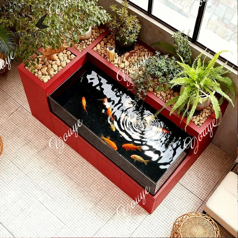 

A19 Stainless steel metal glass fish tank balcony ecological fish tank circulating water filter flowing water landscape flower b