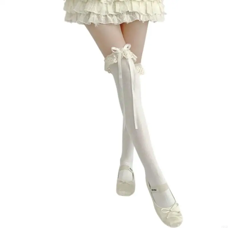 195E Lolitas Kniestrümpfe, süße, dünne, transparente, oberschenkelhohe Socken, Ballett-Rüschenstrumpf