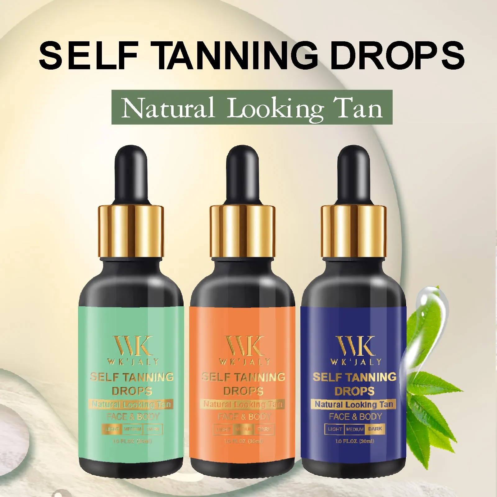 WK JALY Self-Tanning Drops for Face and Body, With DHA, Vitamin E, Hydrating, Customizable Tan, Streak-Free, for All Skin Types