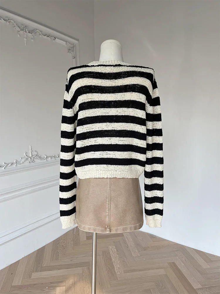 Casual Fashion Simple Striped Sweater Women O-Neck Long Sleeve Loose Pullover Autumn 2024 New Harajuku Design Cozy Knitted Top