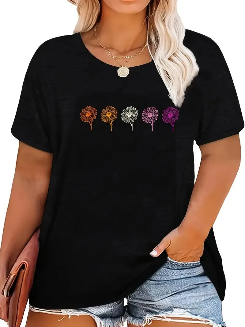 

Plus - Size Black Round Neck T - Shirt with Abstract Color - splashed and Heartbeat - Paw Print: Trendy Pet - inspired Style