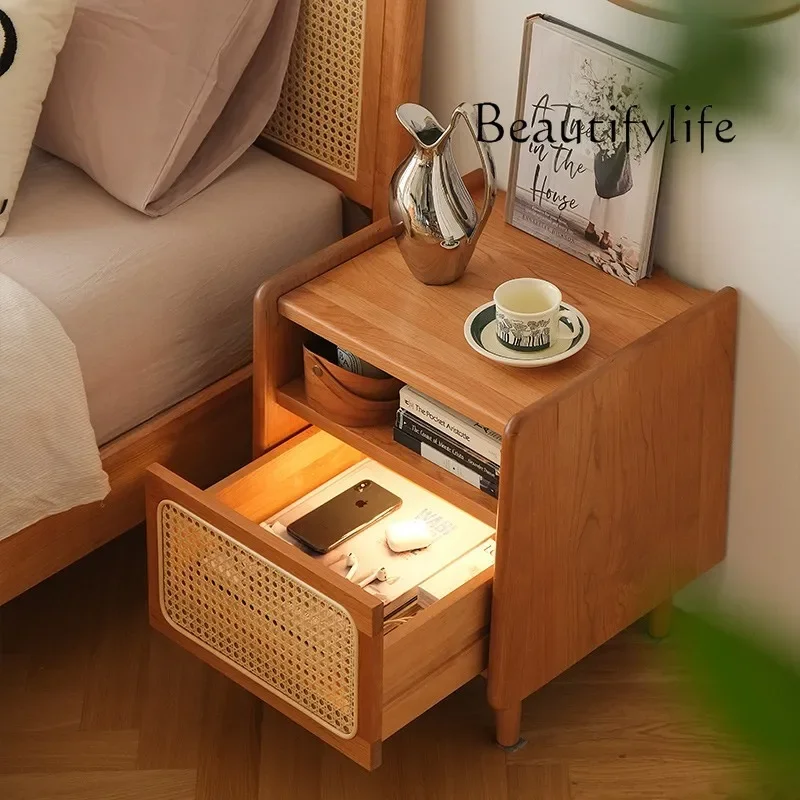 

Japanese-Style Solid Wood Rattan Bedside Table Modern Simple Shelf