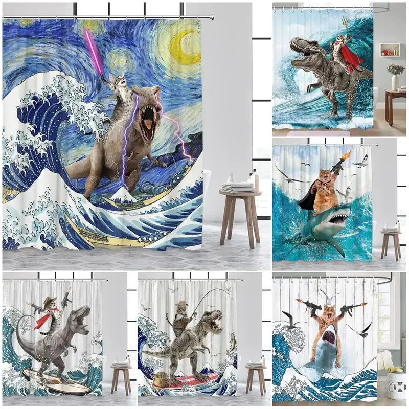 Funny Cat Riding Dinosaur Shower Curtains Sea Waves Starry Sky Sharks Birds Creative Kids Bath Curtain Polyester Bathroom Decor