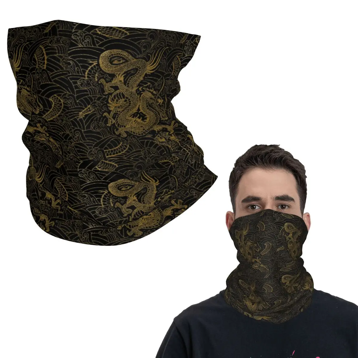 الذهبي التنين الصيني نمط أسود خلفية باندانا غطاء الرقبة قناع مطبوع وشاح متعدد الاستخدام أغطية الرأس للرجال النساء يندبروف