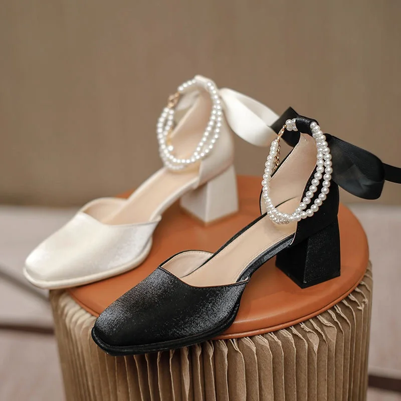 Pearl Beading Design Shoes Closed Toe Fashion Chunky Heel Sandals Pointed Toe Women Sandals Lady Sandals Sexy Evening Shoes S048