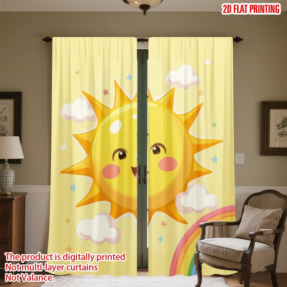 

2D flat printing 2pcs Drapes Cute Sun with Rainbow Digital Printed Polyester Drapes Family Party Decoration Perfect for Indoor