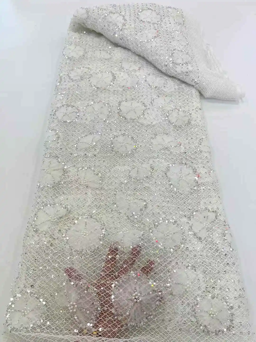 新デザインレース生地高品質レースチュールメッシュネットレース生地 2025 高級ハンドビーズ花嫁のウェディングドレス 5 ヤード