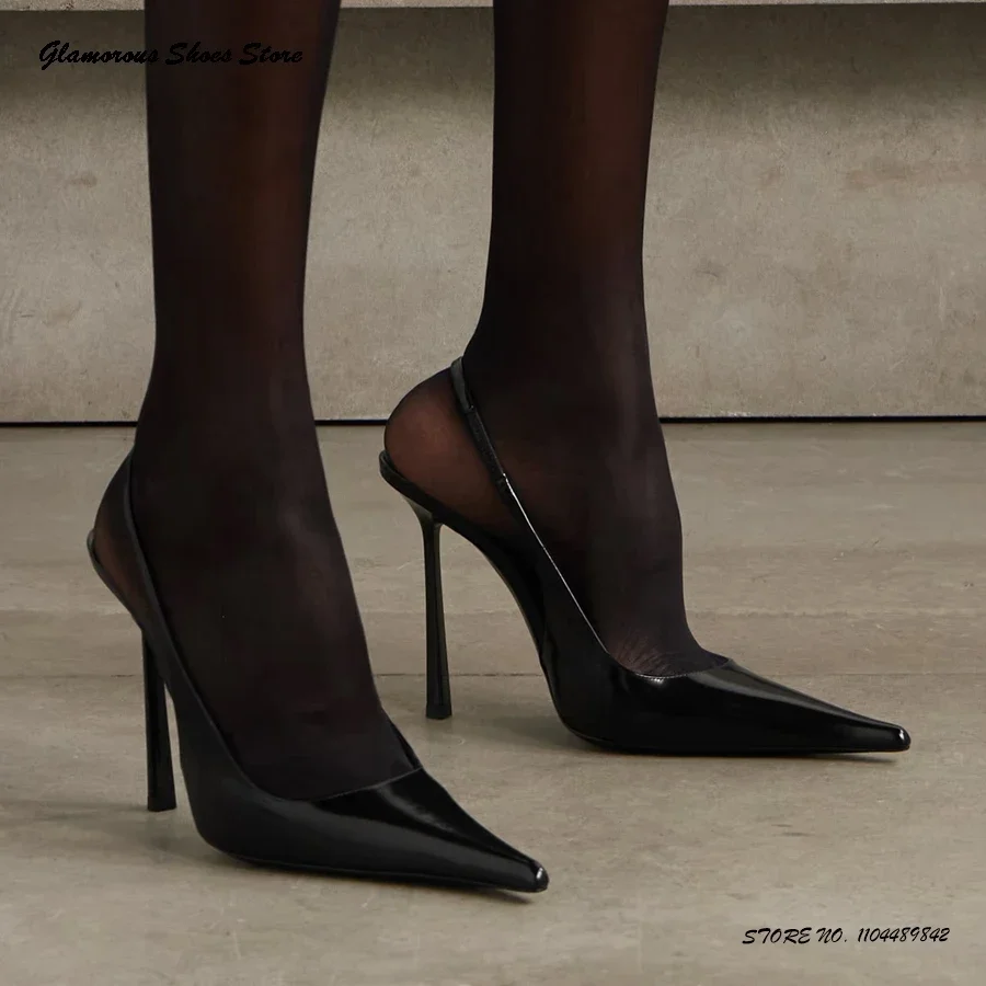أنيقة براءات الاختراع والجلود Slingback مضخات المرأة أشار تو الكعوب رقيقة أحذية الحفلات 2025 الصيف موضة الضحلة سحب على الخناجر