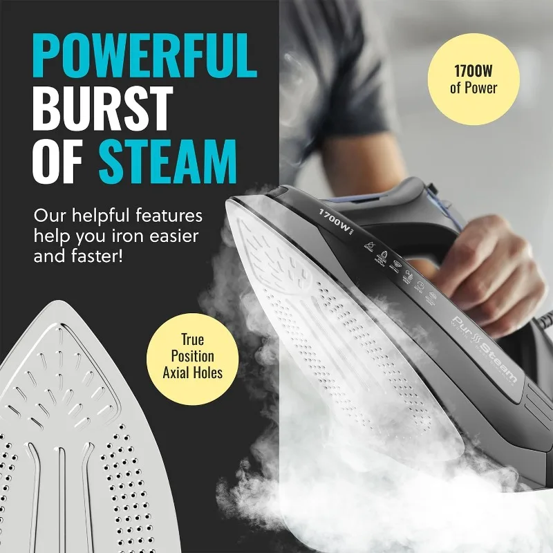 Steam Iron for Clothes 1700W with Self-Cleaning Nonstick Stainless Steel Soleplate, Auto Shutoff, Anti-Drip