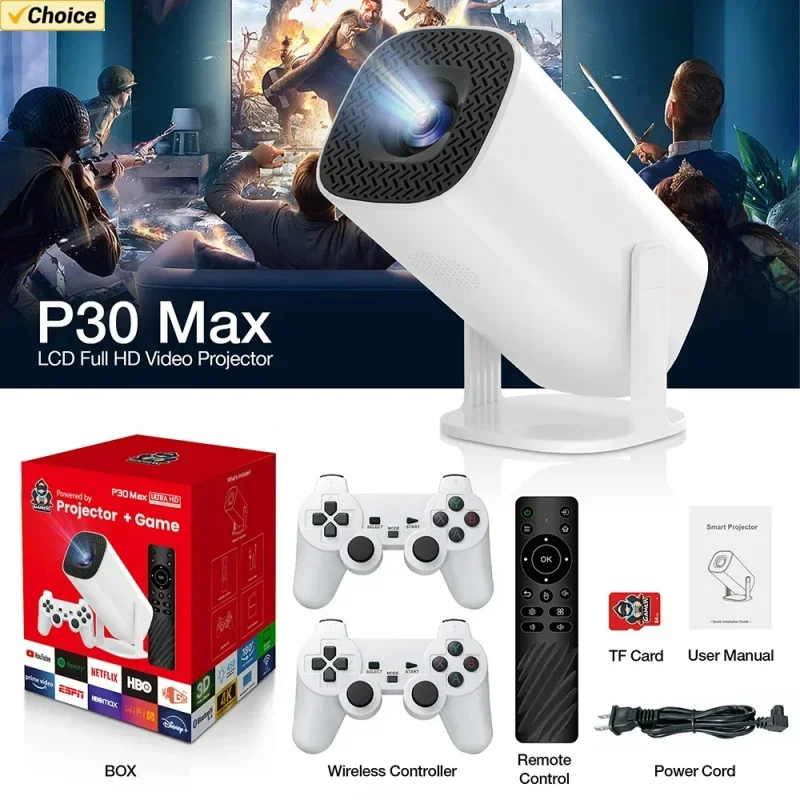 Android 11 Gaming Projector P30MAX 64GB TF Card Wireless Gaming Controller Dual WIFI 1280*720P Home Theater Portable Projector