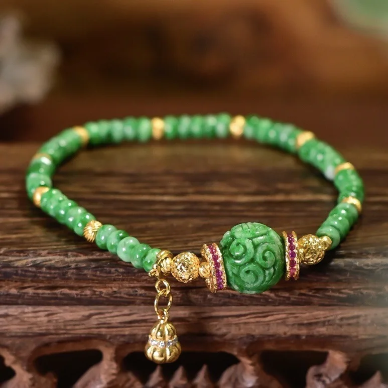 Natural A‑Grade Spicy Green Jade Bracelet,Carved Round Bead,S925 Silver Gilded Gourd Charm,Vintage Chinese Bangle for Women Gift