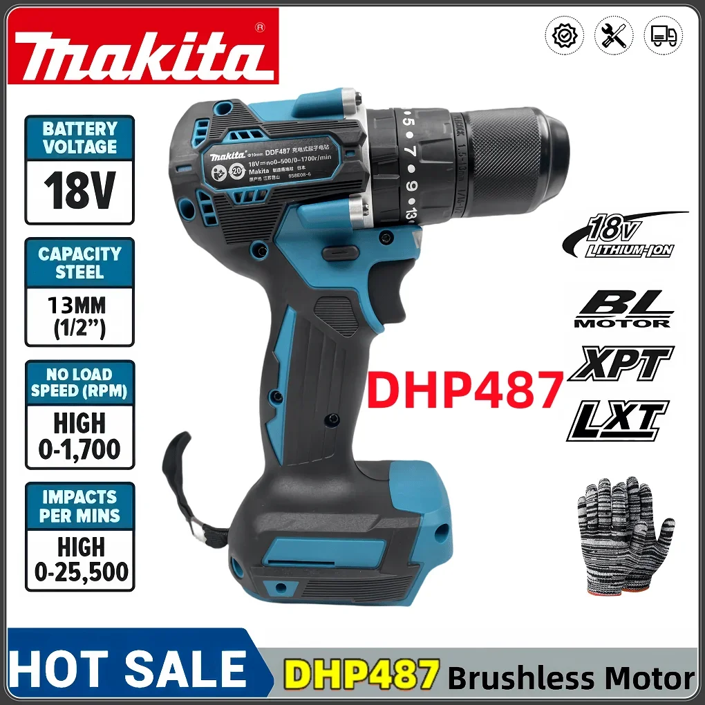 Makita nuevo DHP487 taladro percutor inalámbrico de 13mm 18VLXT Motor sin escobillas destornillador eléctrico de impacto herramienta eléctrica de