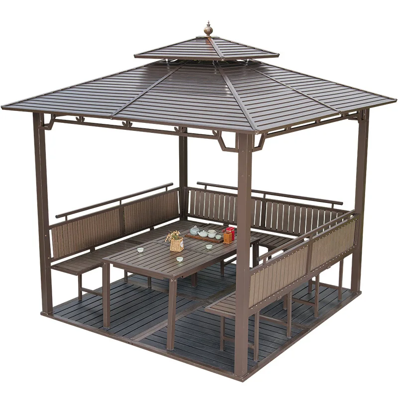 3 by3m Iron Hardtop Cabana Sunroom Permanent Gazebo Cabana with Ps wood table and benches durable Pergola all weather best sale