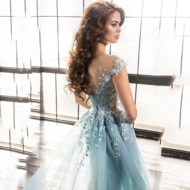 Luxury Blue V-neck Mermaid Prom Dress Appliques Sleeveless Detachable Train  Engagement Wedding Party Gown Robe De Mariée