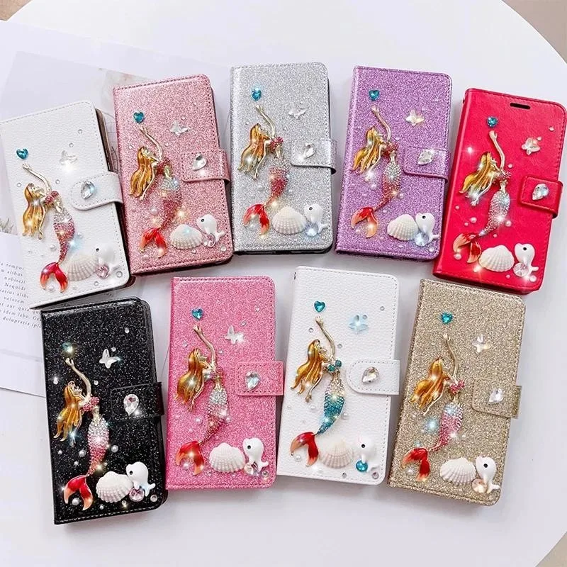 Fashion Bling Diamond Sea Shell Mermaid Flip Wallet Glitter Leather Case Cover For Iphone 16 15 14 13 12 11 Pro Mini Max Plus