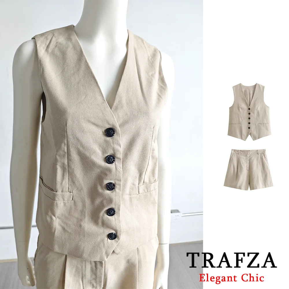 TRAFZA Vintage Casual Chic Solid 2 Piece Women Set Fashion 2024 Summer Sleeveless Vest+Tailored Shorts Office Lady Casual Suit