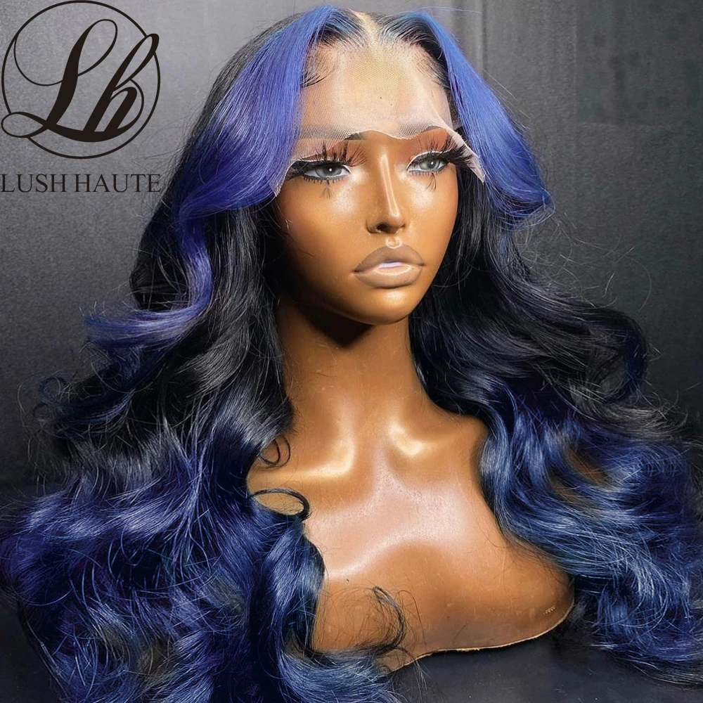 Highlight Blue Color Hair Synthetic Body Wave Lace Front Wig 13x4 Glueless Ombre Blue Lace Front Wigs Pre plucked With Baby Hair