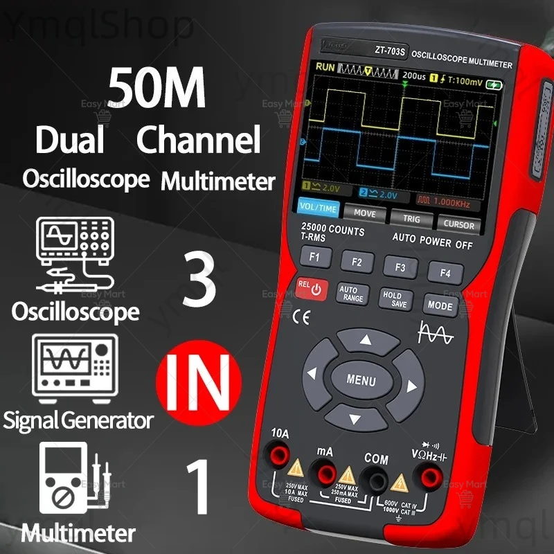 ZT-703S 3-in-1 Oscilloscope Multimeter with 3.5 Inch IPS Display,25000 Counts, Dual Channel 50MHZ Bandwidth,280MSa/s High