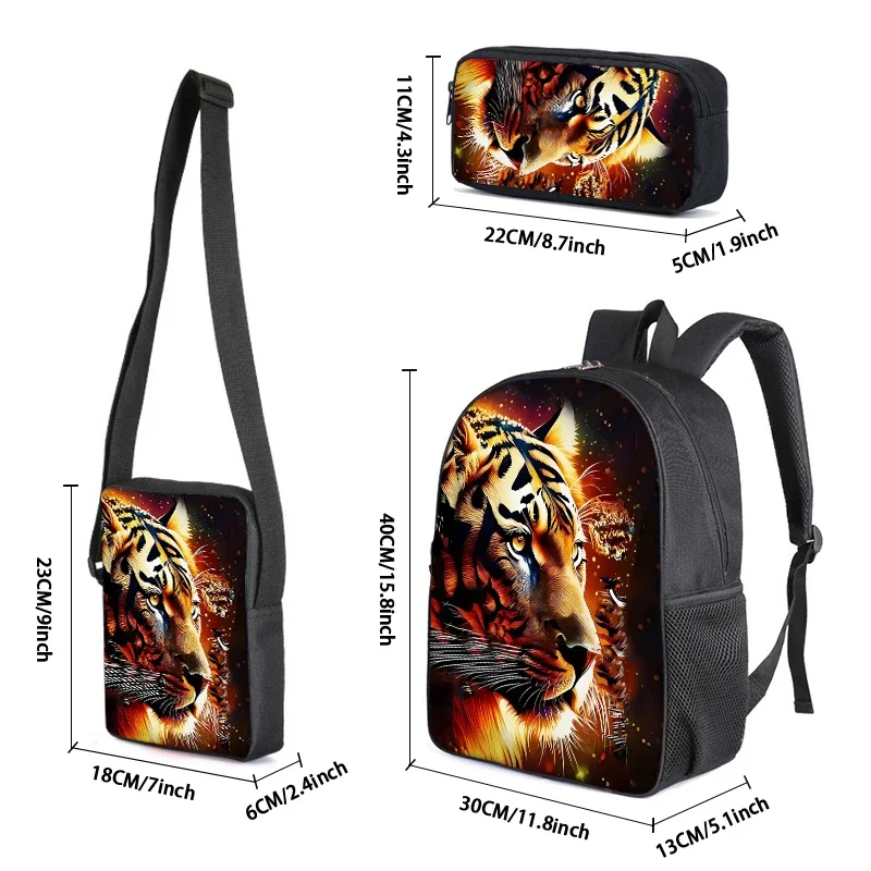 Animal Tiger 3Pcs/Set Backpack With Messenger Bags ,Pencil Bag,School Bag For Boy/Girls Best Gift 2D Cartoon Student School Bags