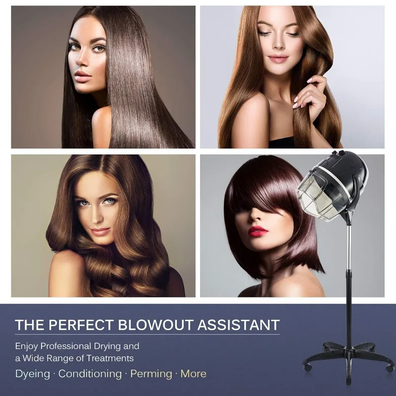 مجفف شعر احترافي بارتفاع قابل للتعديل وغطاء للرأس، مجفف شعر بونيه، قاعدة دوارة قائمة على الأرض مع عجلات